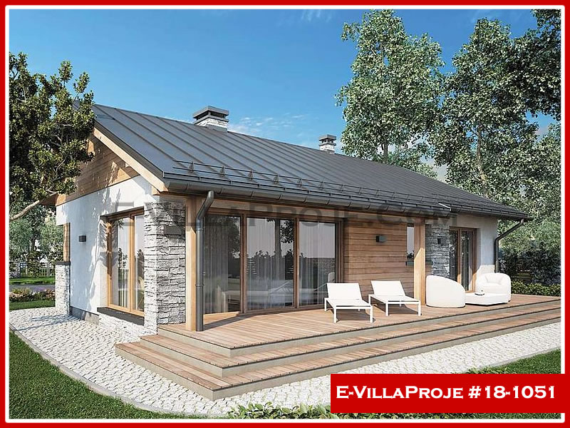 106 m² Tek Katlı 3+1 Ahşap Çelik Konstrüksiyon Villa (Ev Villa Proje #18 - 1051) Cephe Görünümü ve Kat Planı