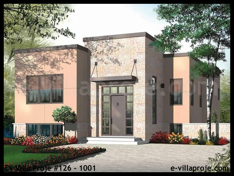 109 m² Tek Katlı 3+1 Bungalov Çelik Konstrüksiyon Villa (Ev Villa Proje #126 - 1001) Cephe Görünümü ve Kat Planı