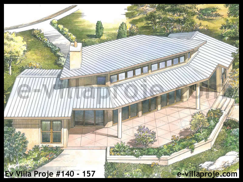 115 m² Tek Katlı 3+1 Taş Çelik Konstrüksiyon Villa (Ev Villa Proje #140 - 157) Cephe Görünümü ve Kat Planı