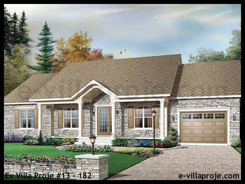 122 m² Tek Katlı 3+1 Bungalov Çelik Konstrüksiyon Villa (Ev Villa Proje #13 - 182) Cephe Görünümü ve Kat Planı