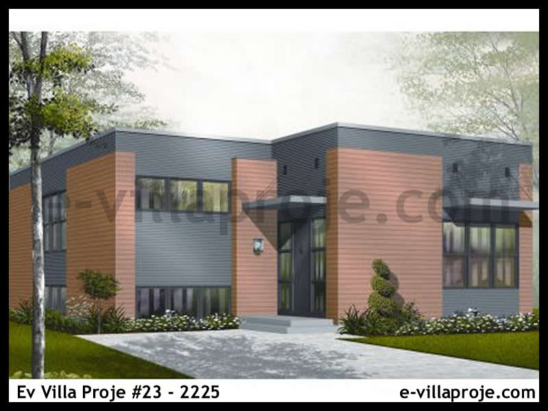 124 m² Tek Katlı 3+1 Taş Çelik Konstrüksiyon Villa (Ev Villa Proje #23 - 2225) Cephe Görünümü ve Kat Planı