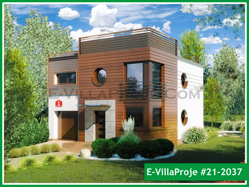 150 m² 2 Katlı (Dubleks) 4+1 Modern Çelik Konstrüksiyon Villa (Ev Villa Proje #21 - 2037) Cephe Görünümü ve Kat Planı