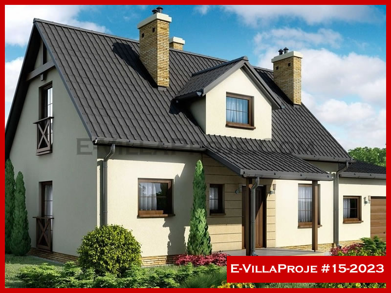 155 m² 2 Katlı (Dubleks) 4+1 Amerikan Çelik Konstrüksiyon Villa (Ev Villa Proje #15 - 2023) Cephe Görünümü ve Kat Planı