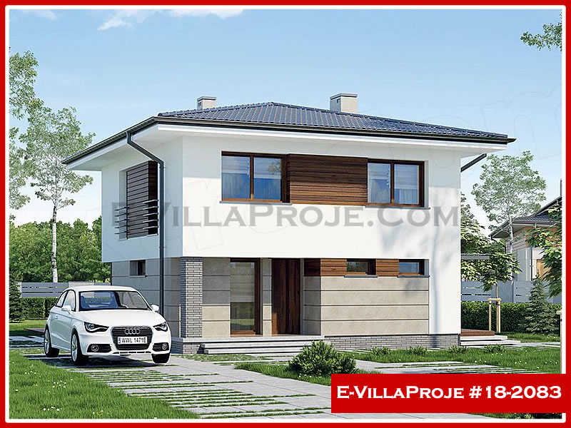 173 m² 2 Katlı (Dubleks) 4+1 Modern Çelik Konstrüksiyon Villa (Ev Villa Proje #18 - 2083) Cephe Görünümü ve Kat Planı