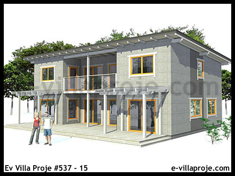 174 m² 2 Katlı (Dubleks) 4+1 Modern Çelik Konstrüksiyon Villa (Ev Villa Proje #537 - 15) Cephe Görünümü ve Kat Planı