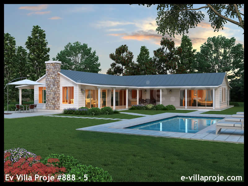 226 m² Tek Katlı 5+1 Çiftlik Çelik Konstrüksiyon Villa (Ev Villa Proje #888 - 5) Cephe Görünümü ve Kat Planı
