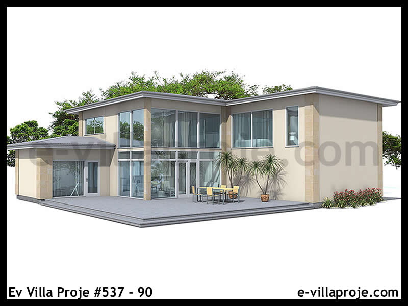 250 m² 2 Katlı (Dubleks) 5+1 Modern Çelik Konstrüksiyon Villa (Ev Villa Proje #537 - 90) Cephe Görünümü ve Kat Planı