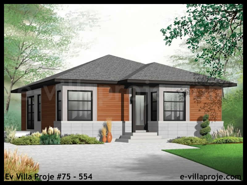 87 m² Tek Katlı 2+1 Taş Çelik Konstrüksiyon Villa (Ev Villa Proje #75 - 554) Cephe Görünümü ve Kat Planı