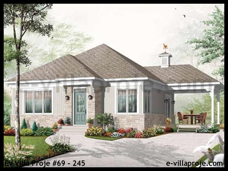90 m² Tek Katlı 2+1 Bungalov Çelik Konstrüksiyon Villa (Ev Villa Proje #69 - 245) Cephe Görünümü ve Kat Planı
