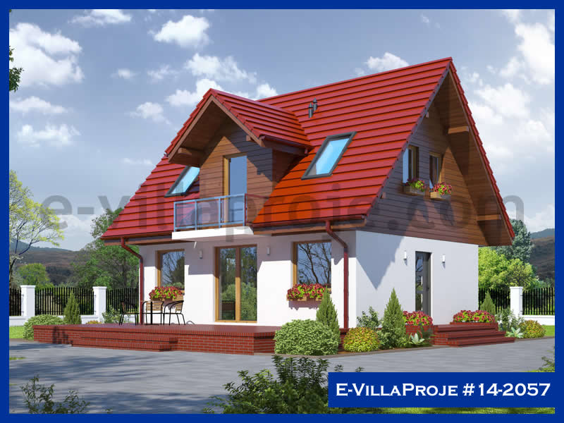 92 m² 2 Katlı (Dubleks) 2+1 Ahşap Çelik Konstrüksiyon Villa (Ev Villa Proje #14 - 2057) Cephe Görünümü ve Kat Planı
