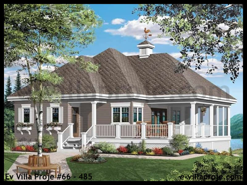 97 m² Tek Katlı 2+1 Bungalov Çelik Konstrüksiyon Villa (Ev Villa Proje #66 - 485) Cephe Görünümü ve Kat Planı